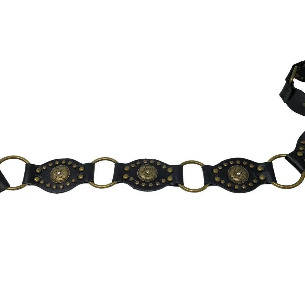 Unisex Vintage-Inspired Black Vegan Leather Belt Brass Concho Studs Chain Hip XL